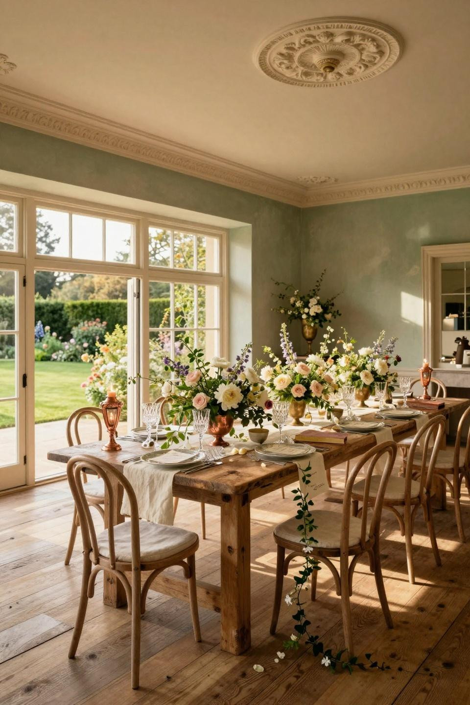 Spring wedding table settings with aged copper urns and English garden florals at estate manor