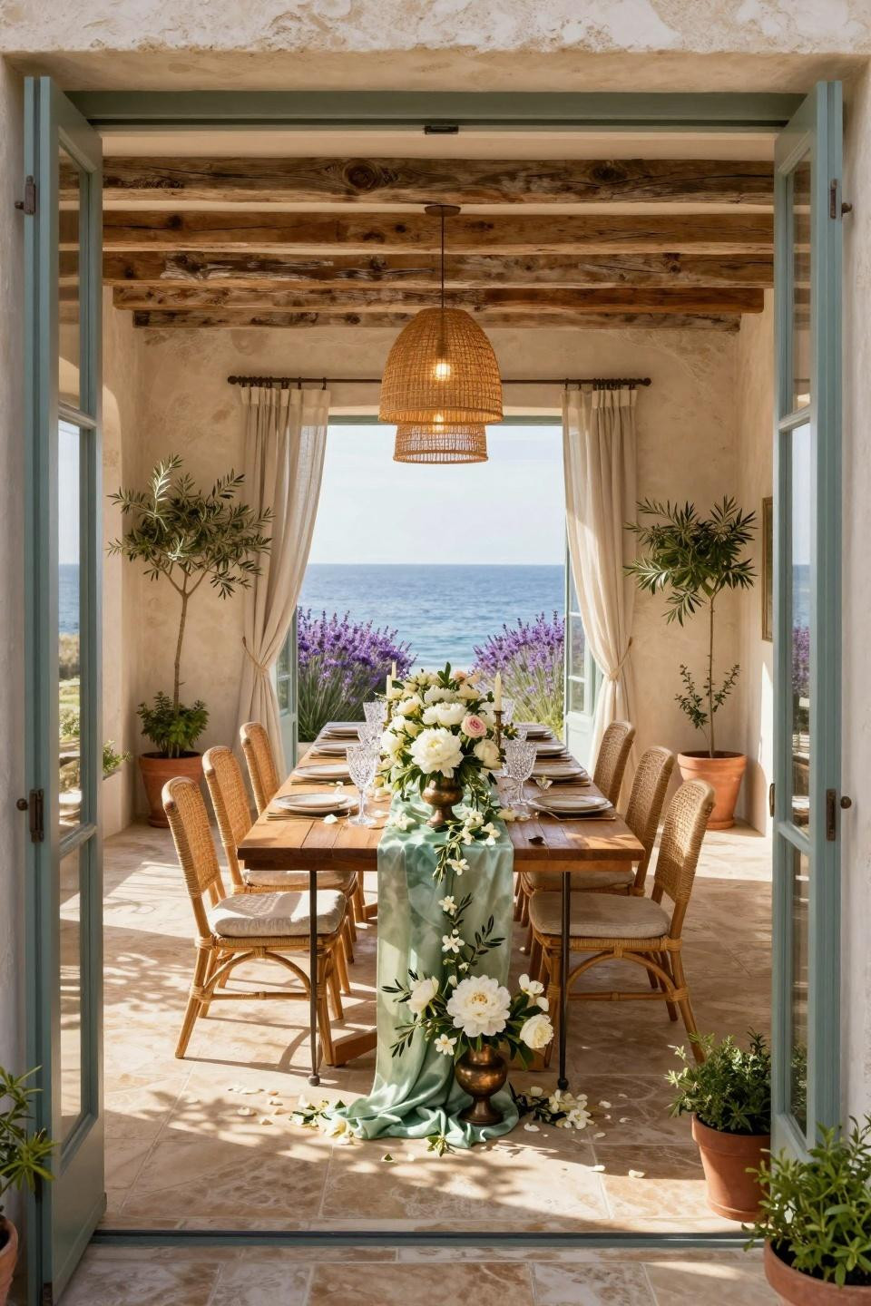 Spring wedding table decor with aged bronze fixtures and travertine flooring at Mediterranean villa