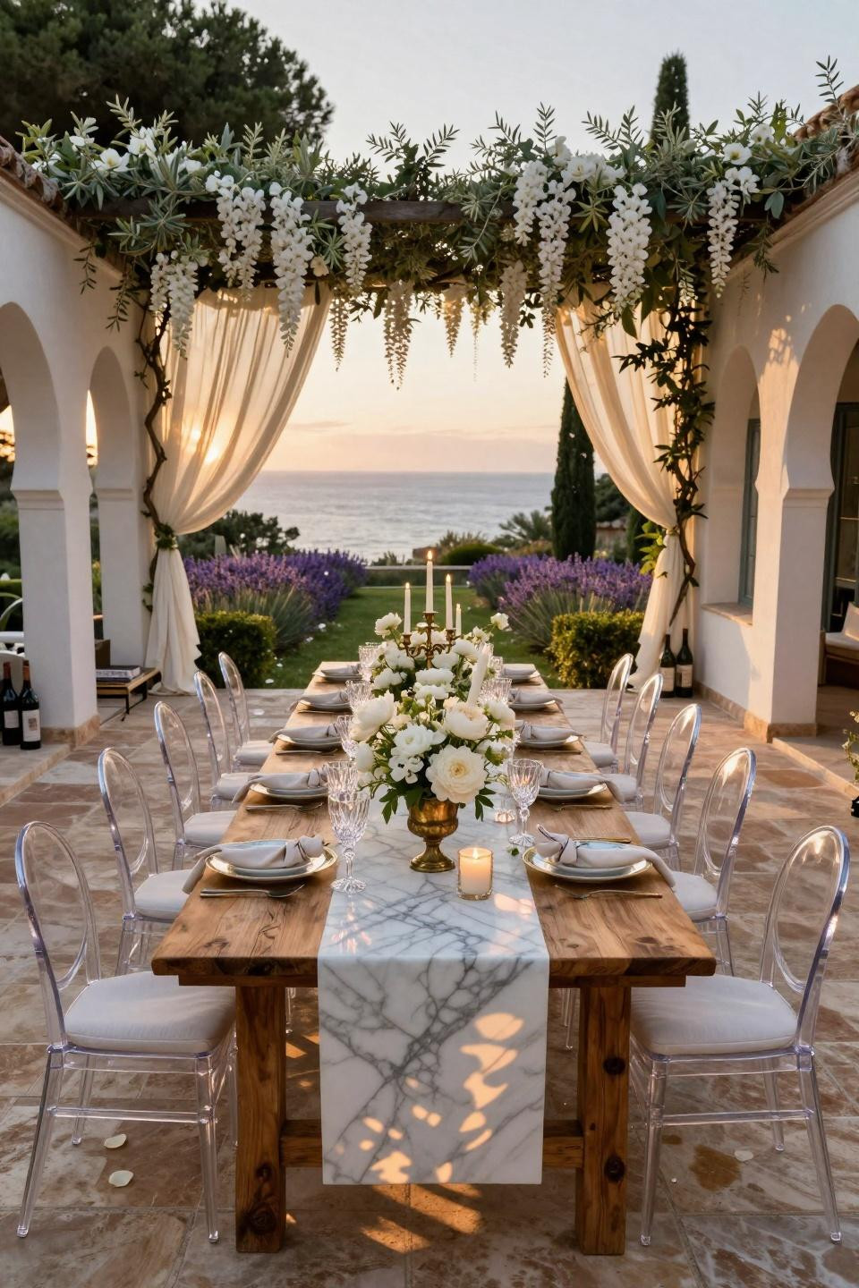 Spring wedding table settings with brass candelabras and trailing jasmine at coastal terrace