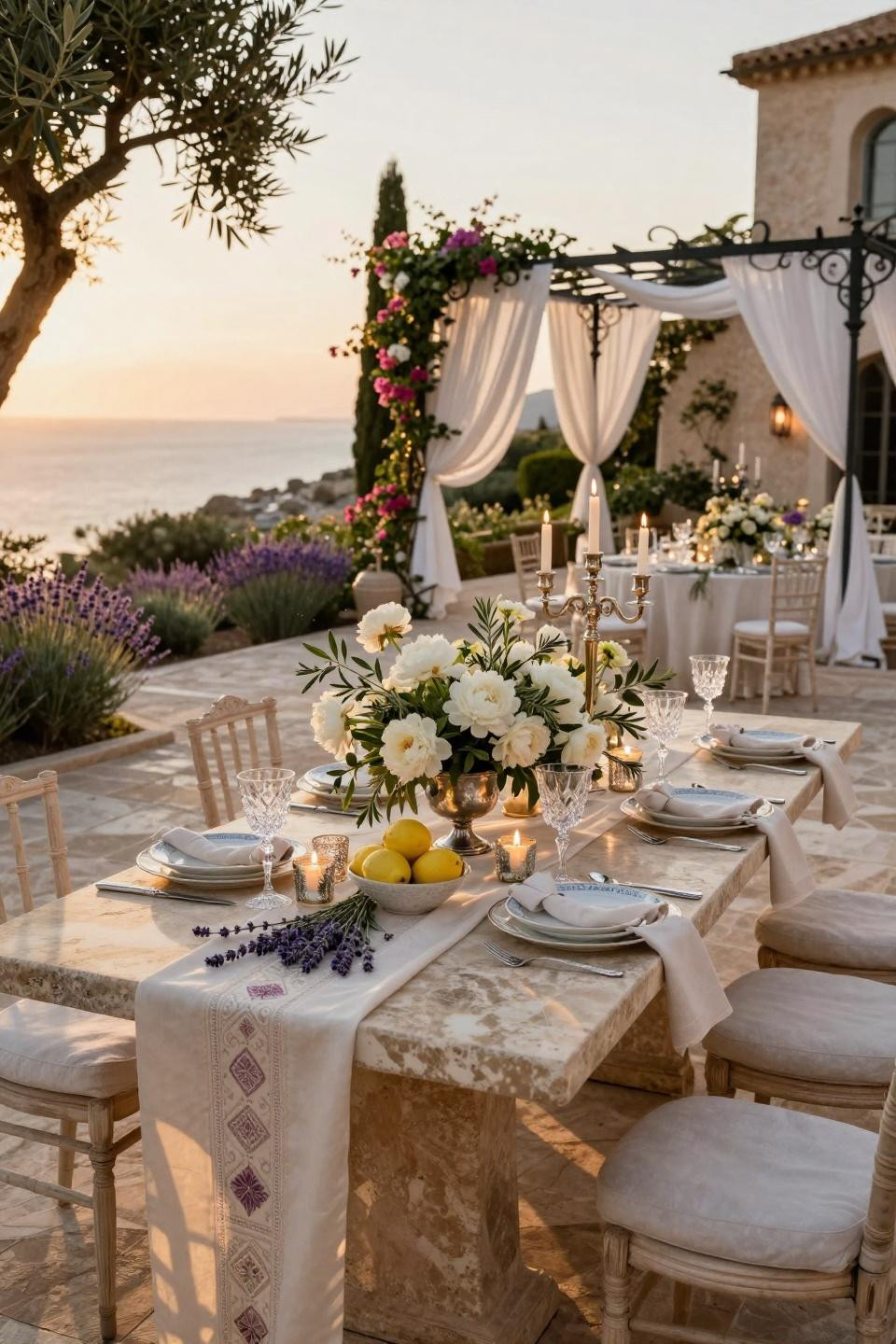 Spring wedding table decor with Moroccan silk embroidery and Baccarat crystal at villa terrace