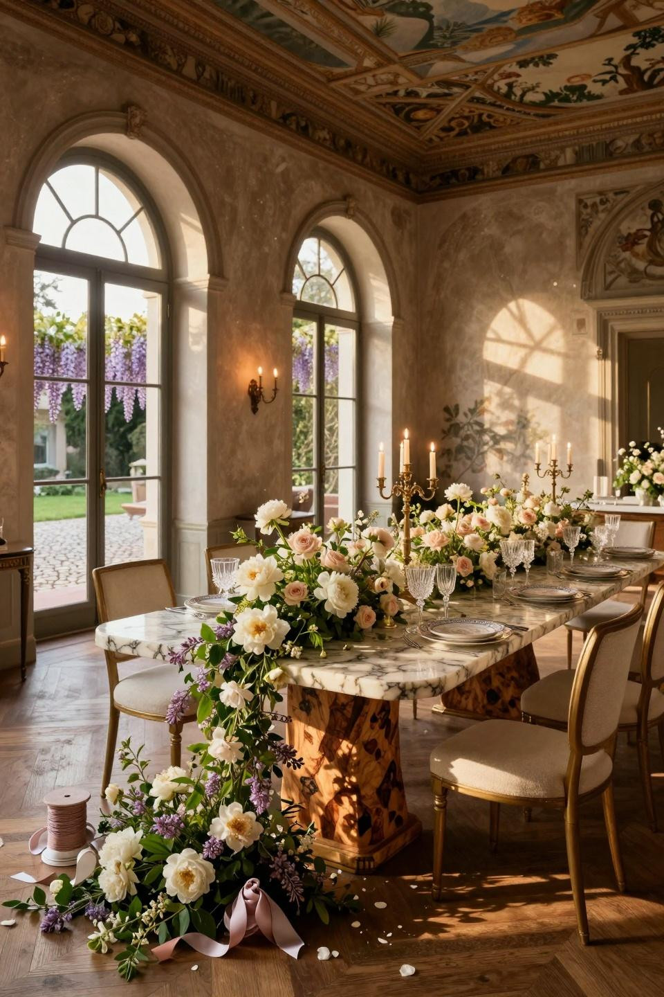 Spring wedding table decor featuring book-matched marble and Art Deco brass at palazzo dining room