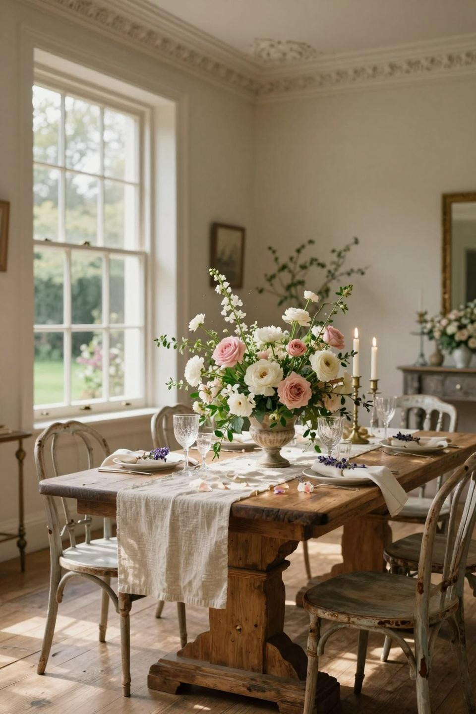 Spring wedding table settings with vintage silverware and lavender sprigs at Georgian townhouse