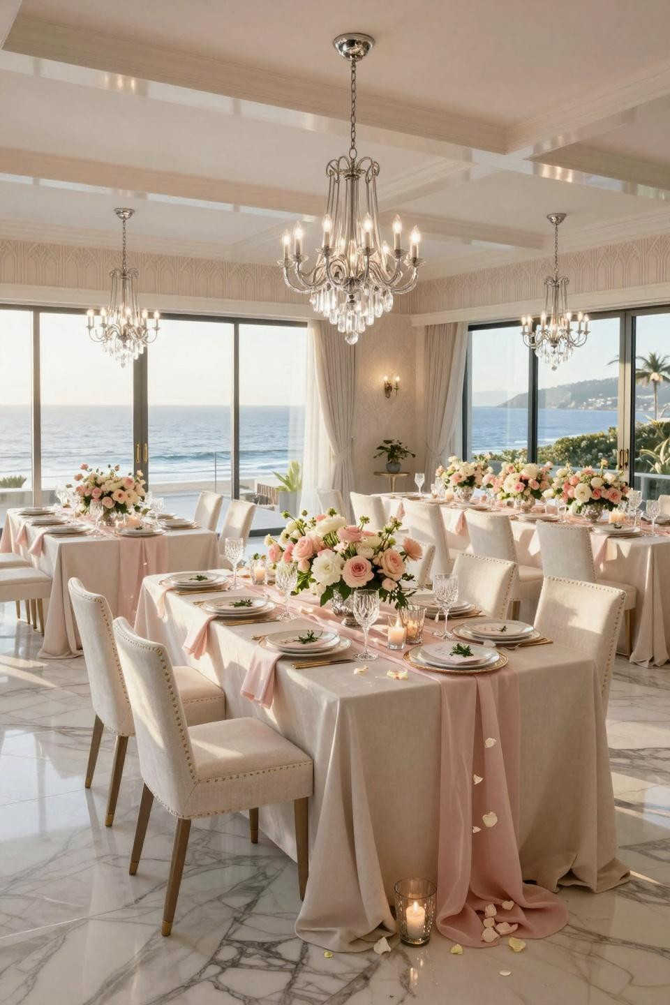Spring wedding reception with champagne silk runners and mercury glass at Pacific coast penthouse