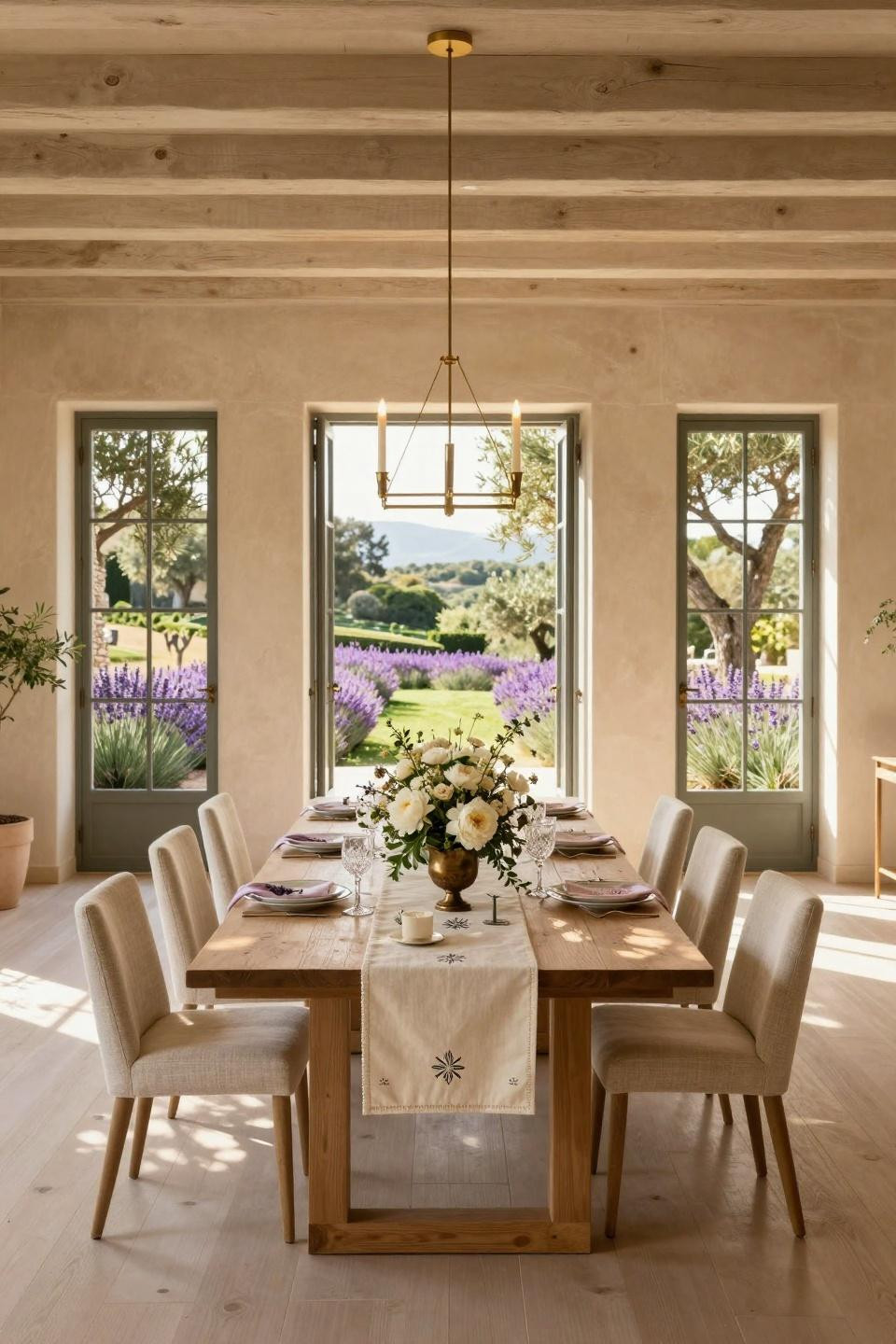 Spring wedding reception with bleached oak and jasmine vines at Mediterranean estate manor