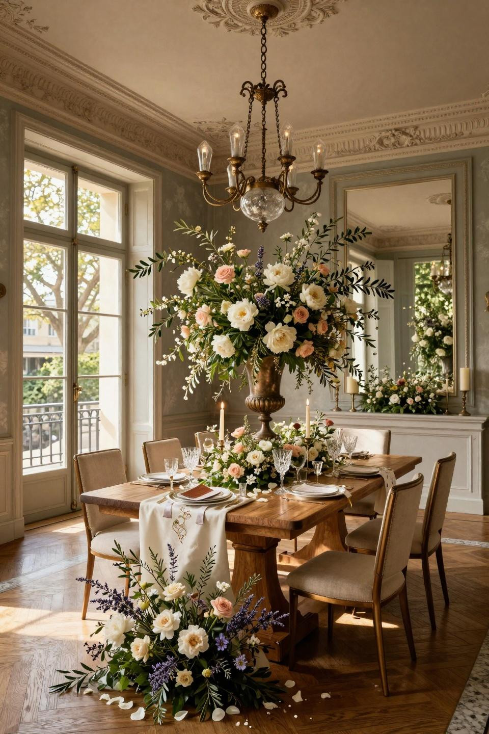 Early spring wedding reception with garden roses and bronze urns in 6th arrondissement townhouse