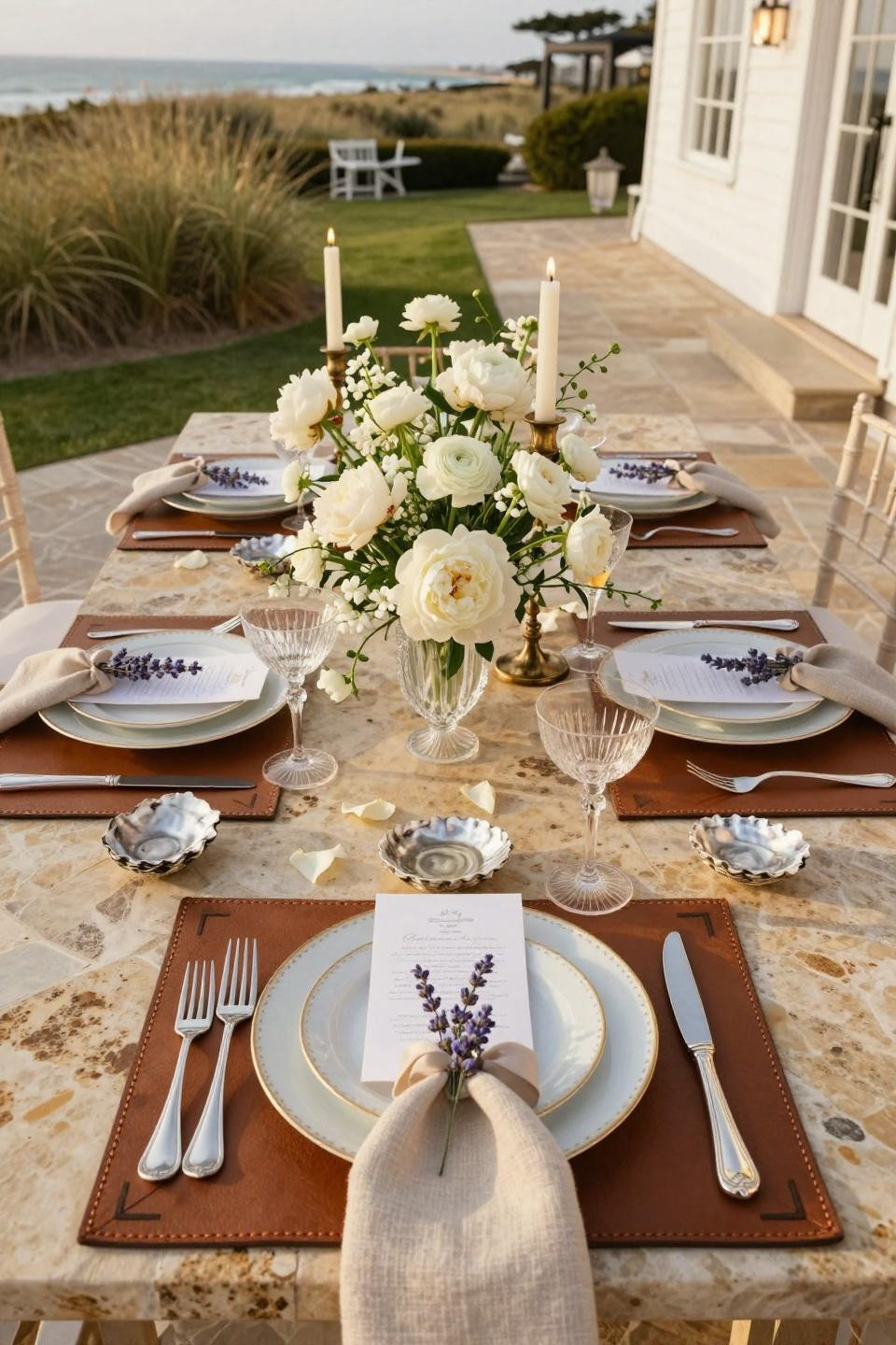 Spring wedding table decor featuring Hermès porcelain and Christofle silverware at beach house estate