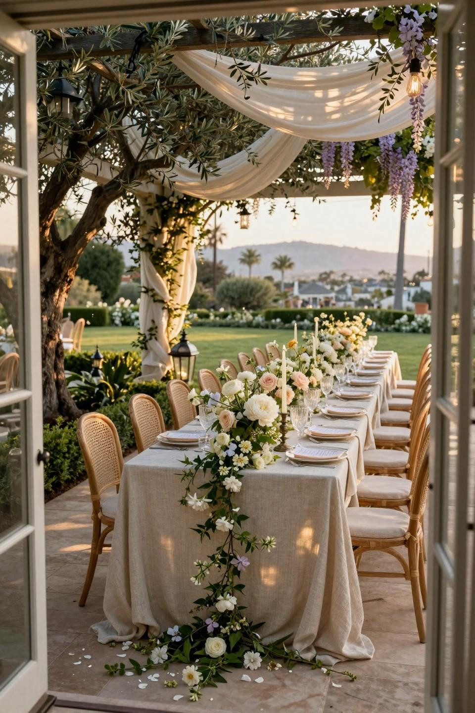 Spring wedding table settings with Belgian linen and garden roses under California olive trees