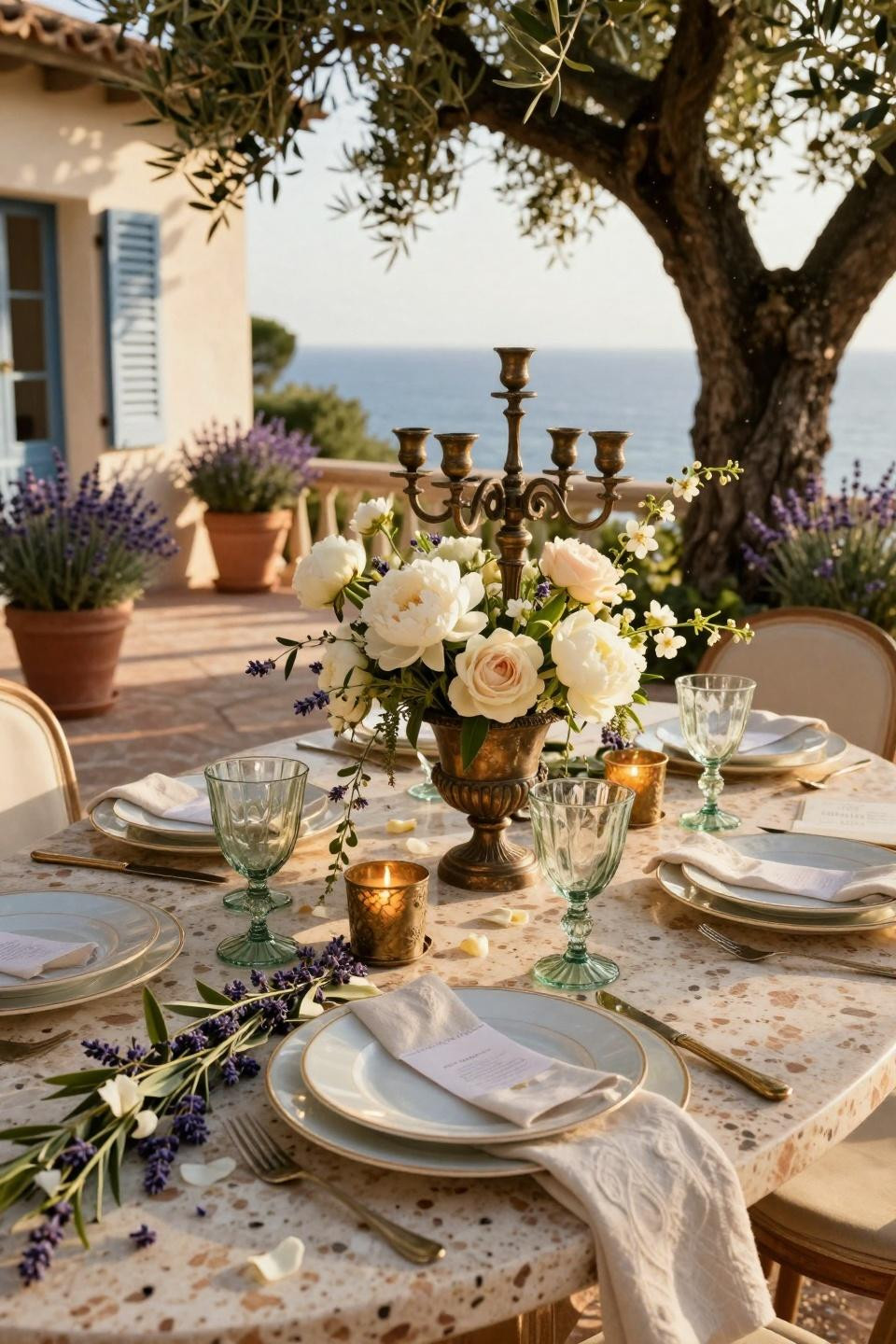 Garden wedding table decor with white peonies in weathered bronze urn overlooking azure coastline