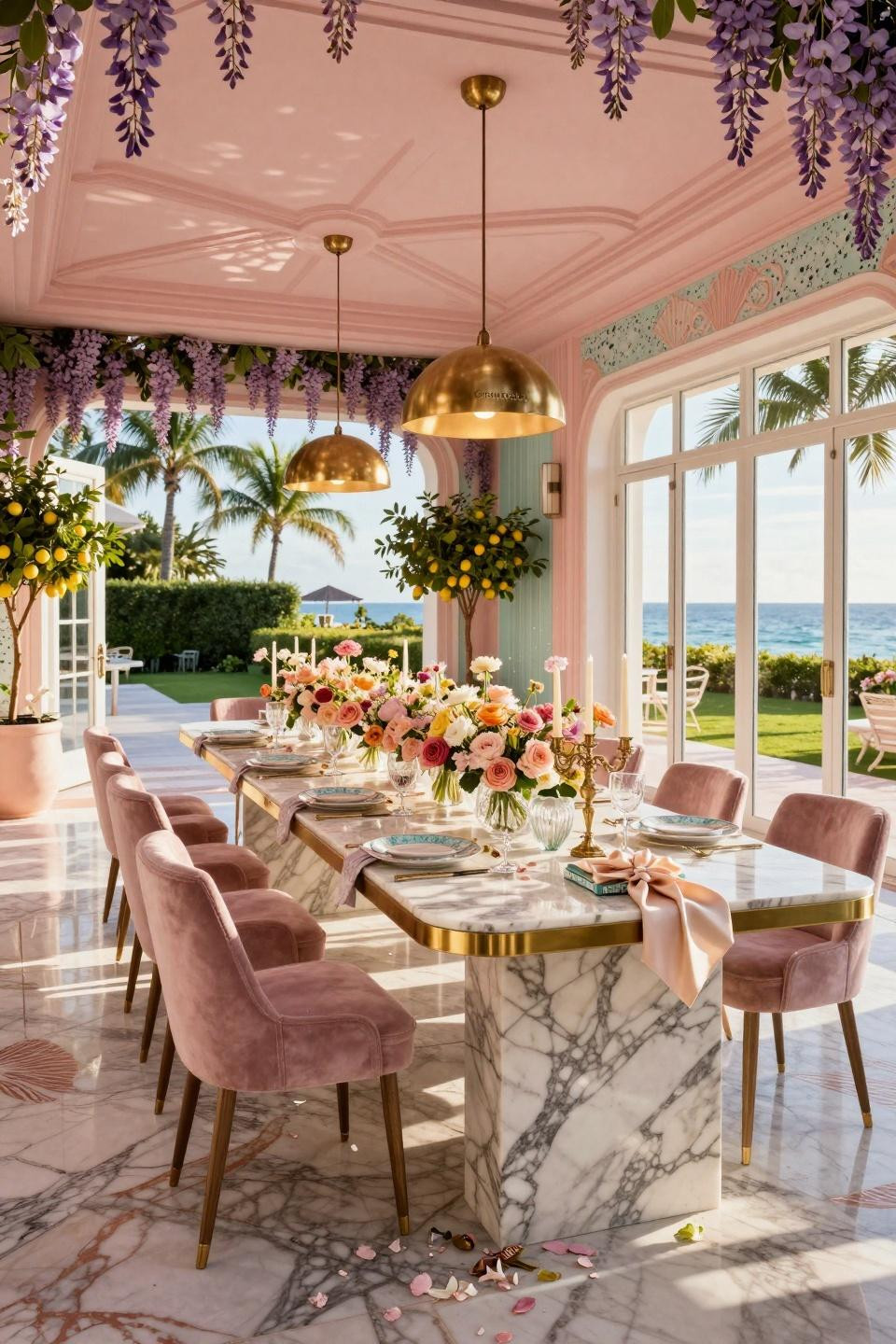 Spring wedding inspiration featuring pastel florals and terrazzo panels at Miami South Beach villa