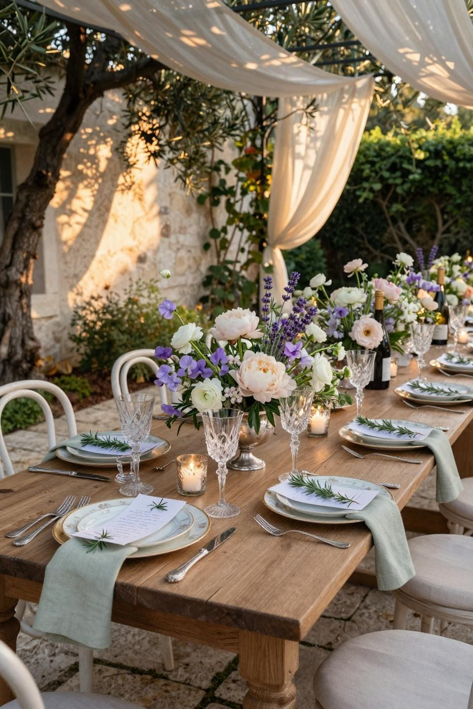 Garden wedding table setting with blush peonies and antique silver compote at French Riviera manor