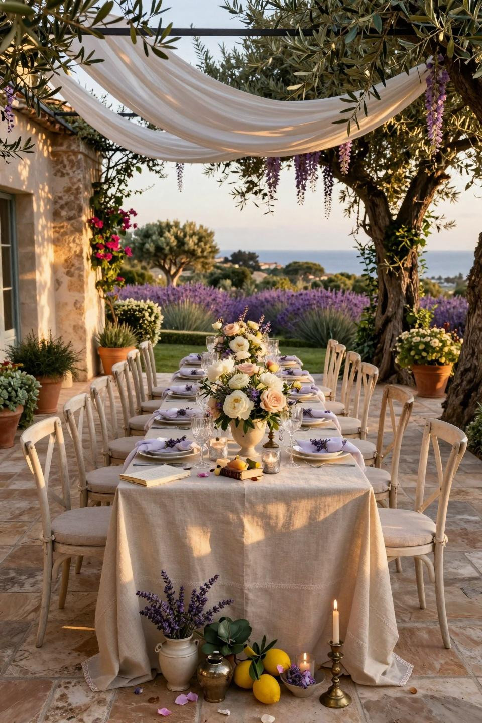 Summer wedding table decor featuring lavender sprigs and whitewashed pergola at French Riviera estate