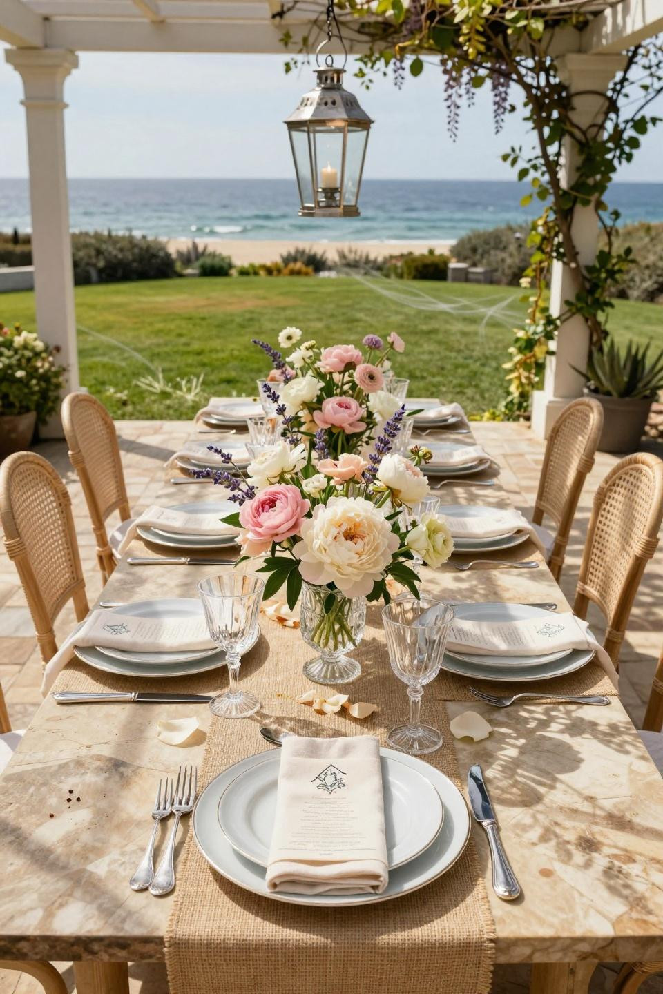 Spring wedding tablescapes featuring Calacatta marble chargers and white peonies at Hamptons coastal estate