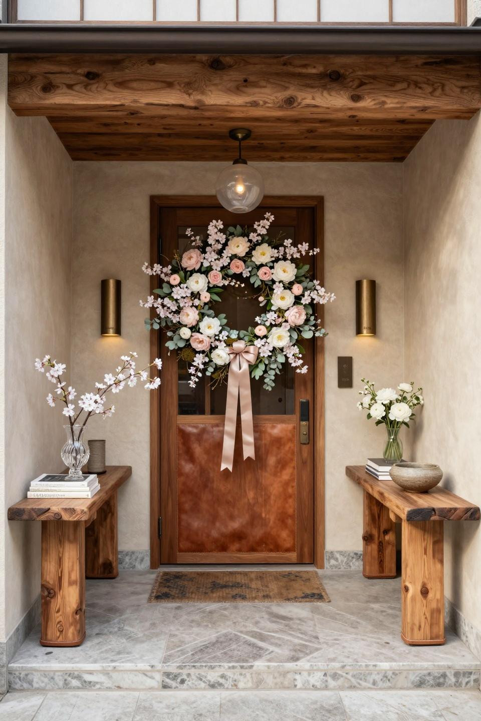 Spring floral wreath with Japanese cherry blossoms on Tokyo Omotesando townhouse