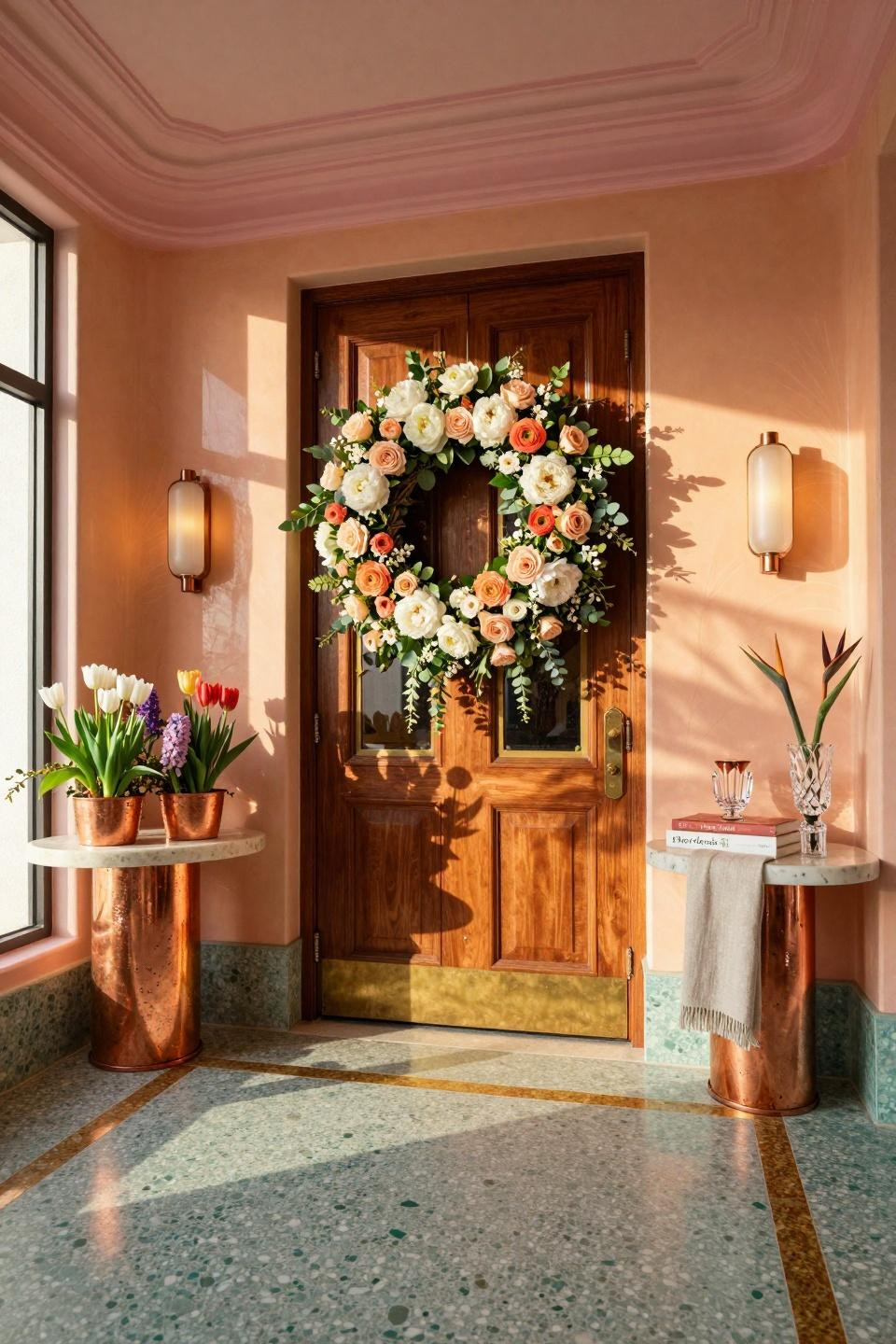 Spring floral wreath with coral ranunculus on Miami South Beach Art Deco penthouse
