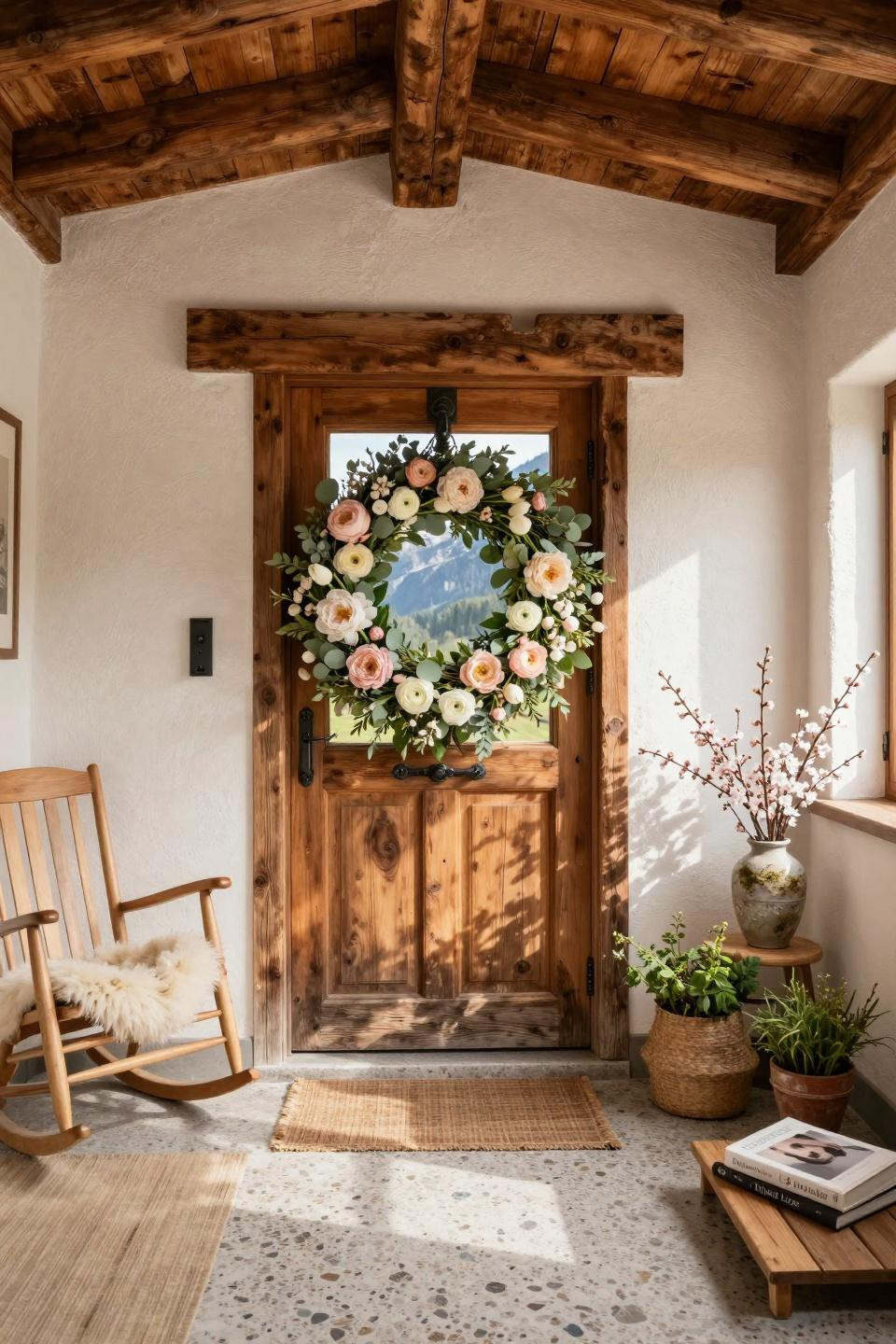 Spring floral wreath with fresh peonies on Swiss Alpine chalet