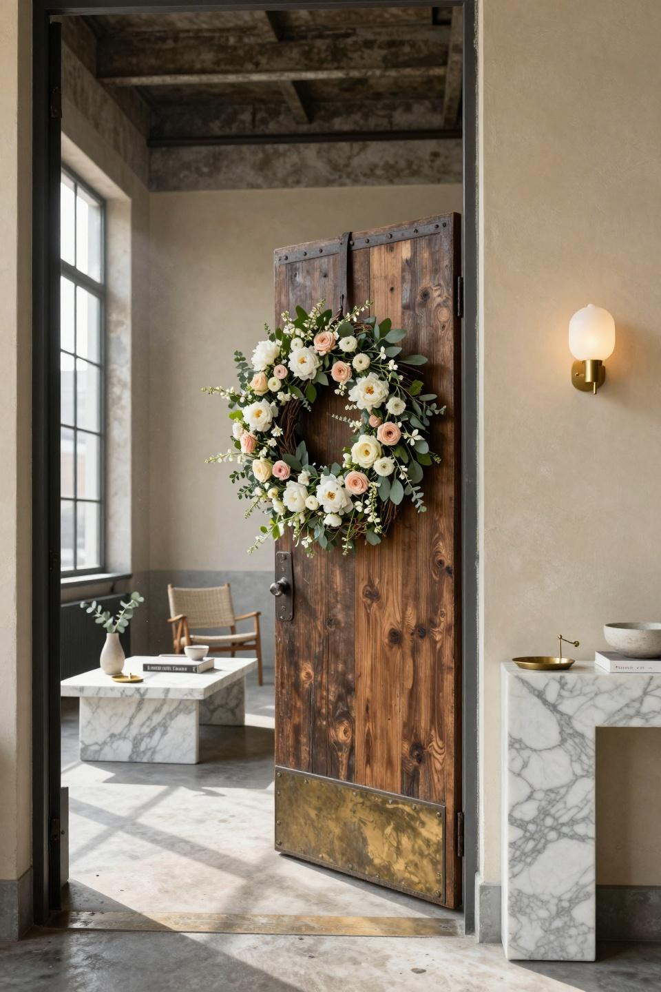Spring floral wreath with white peonies on Milan Centro Storico loft