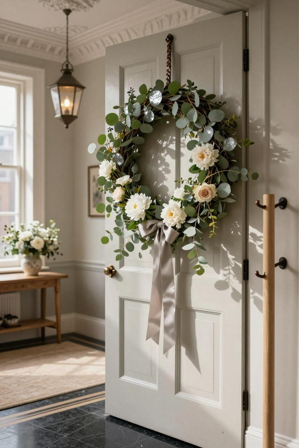 Easter wreaths for front door with preserved eucalyptus on London Georgian townhouse