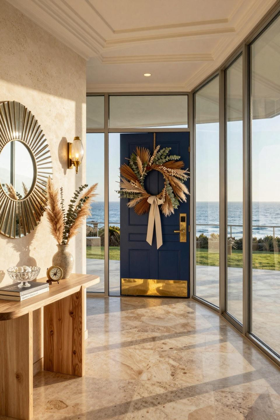 Boho wreath with pampas grass on Malibu beach house