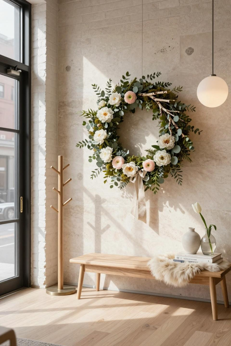 Summer wreaths for front door diy with white peonies on Tribeca loft