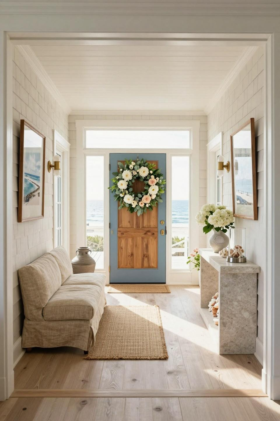 Everyday wreaths for front door on Amagansett shingle-style architecture