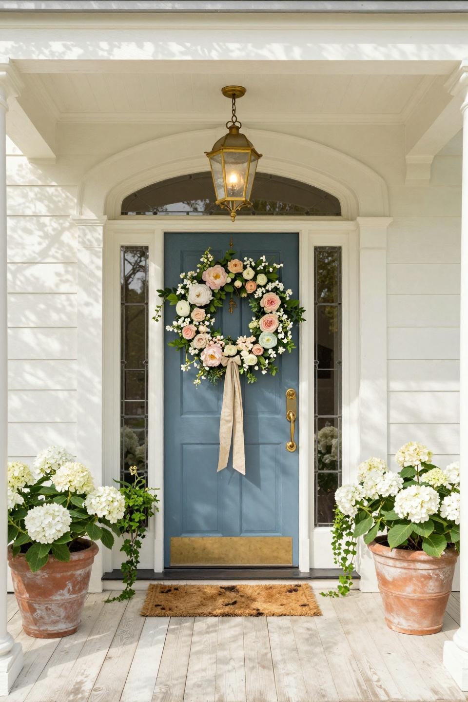 Spring wreath ideas diy with fresh peonies on East Hampton townhouse