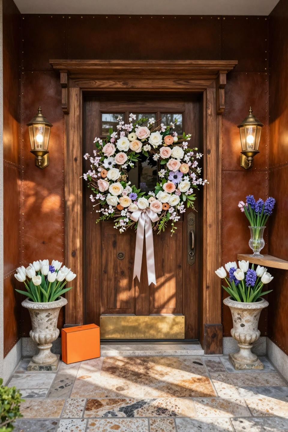 Wreath decorating ideas with Japanese cherry blossoms and preserved roses on Tokyo estate