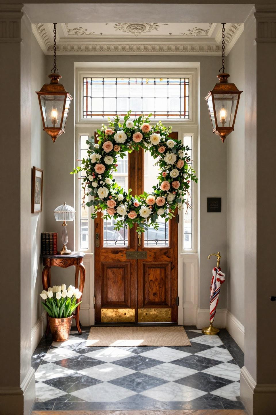 Front door wreath ideas featuring Shane Connolly sixty-inch arrangement on Kensington Georgian townhouse