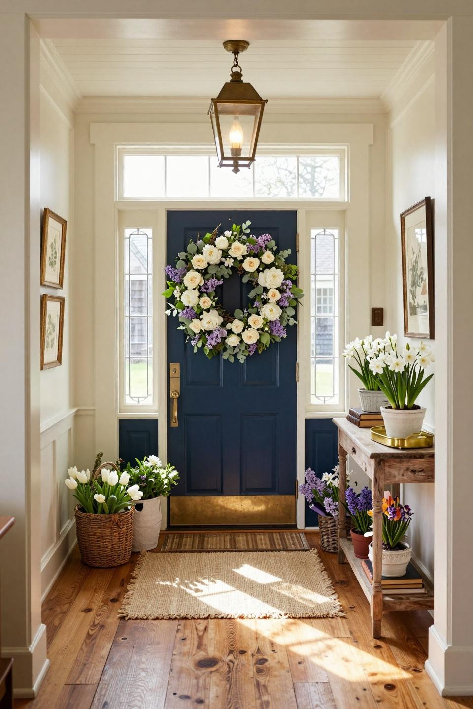 Front door baskets with flowers featuring white peonies and purple lilacs on colonial door