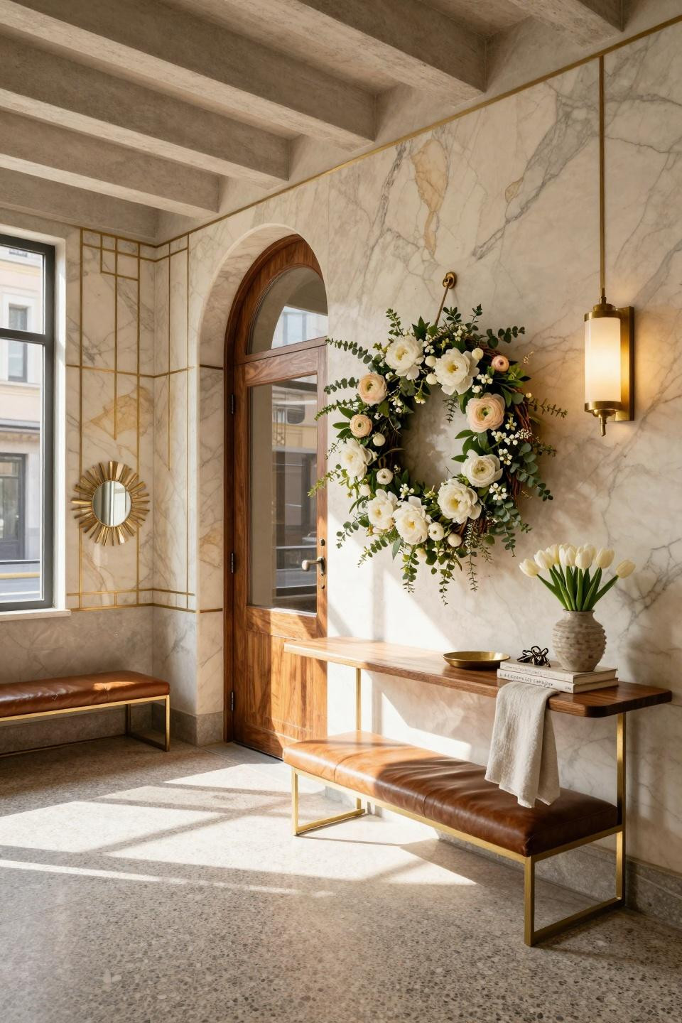 Spring wreath for front door with white peonies and brass hardware on Calacatta marble