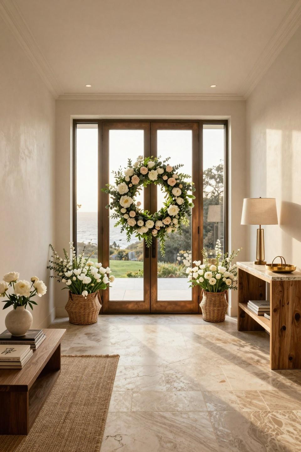 Spring front door decor with white peonies on Beverly Hills travertine entry