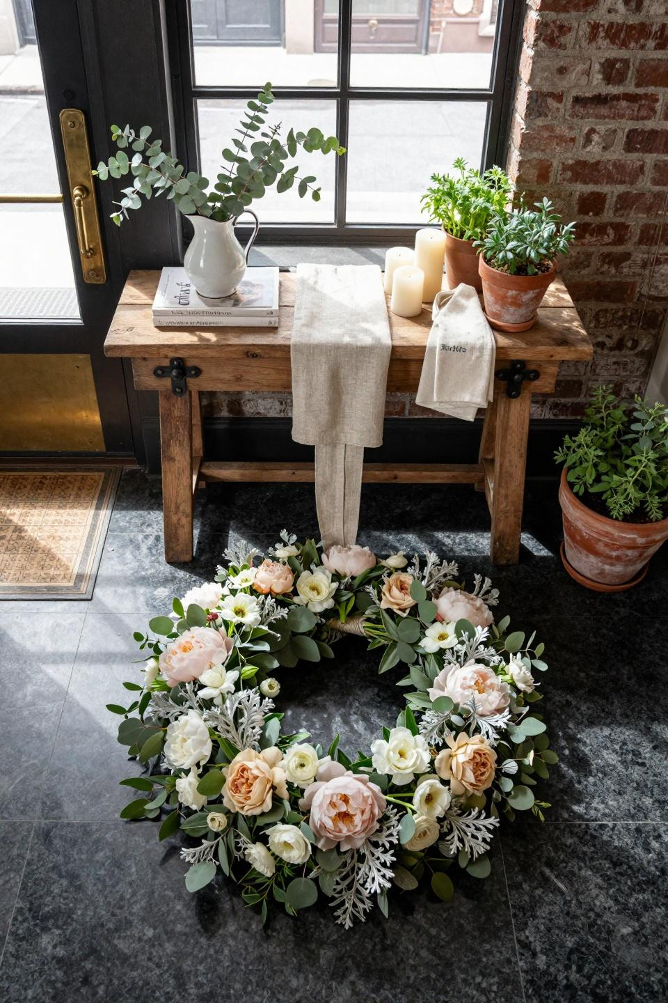 Summer wreath ideas with blush peonies and eucalyptus