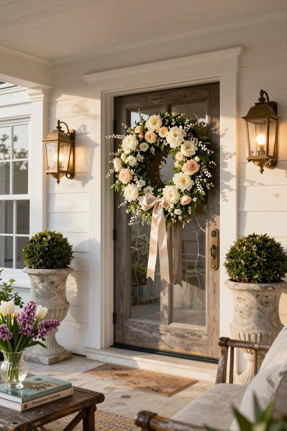 Summer wreath ideas with fresh white peonies and pussy willow