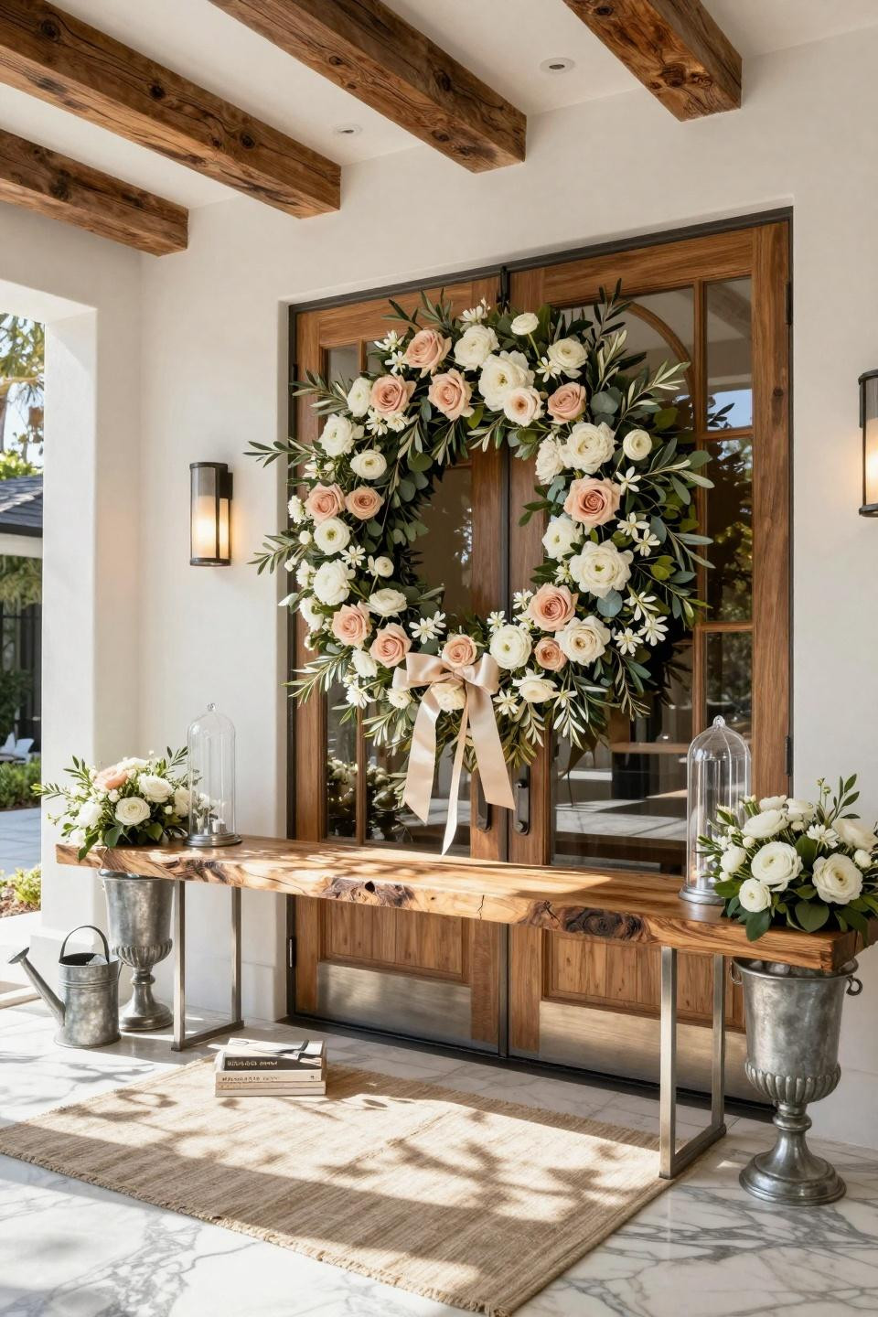 Summer wreath ideas with preserved garden roses and olive branches