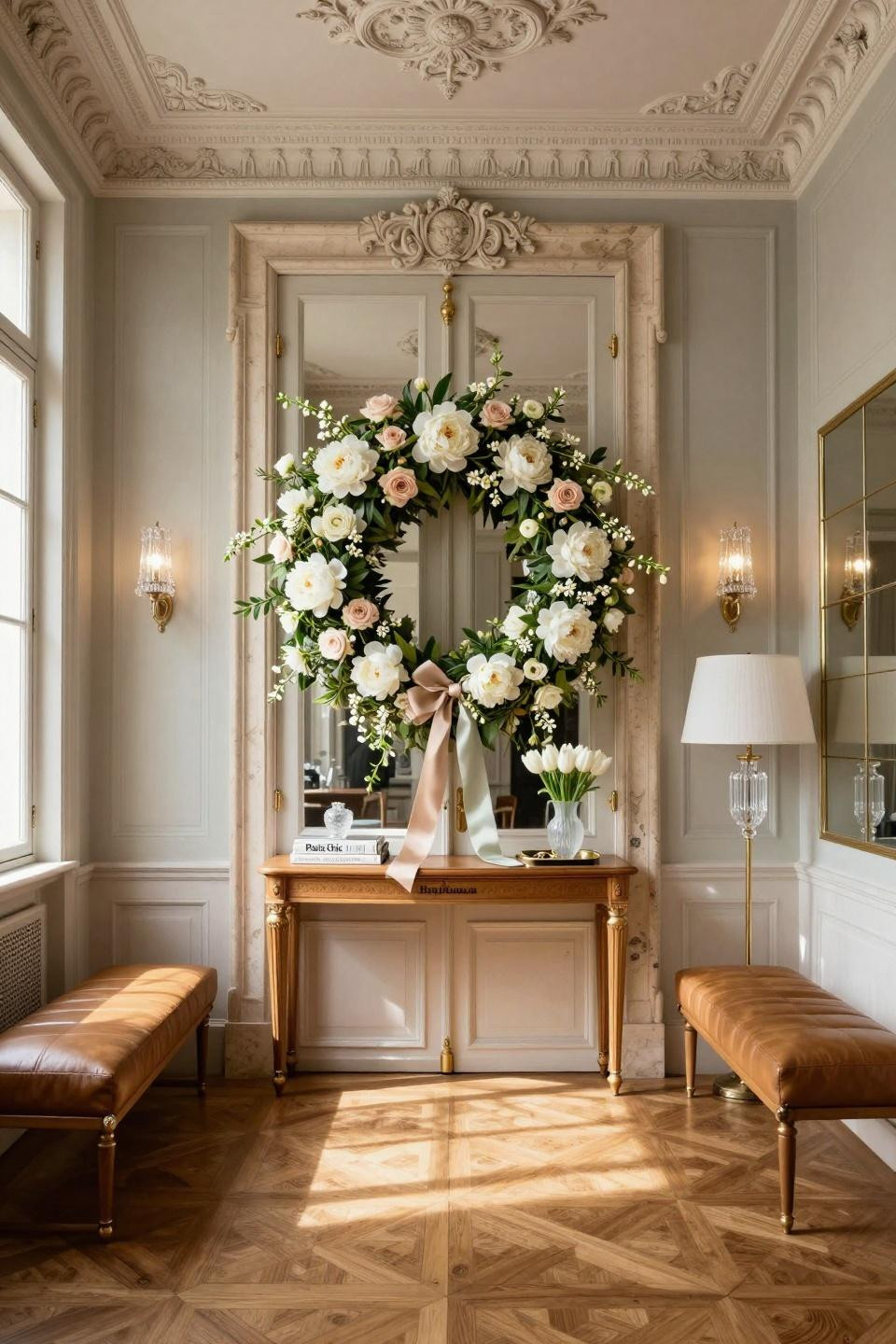Summer wreath ideas with white peonies and jasmine vines