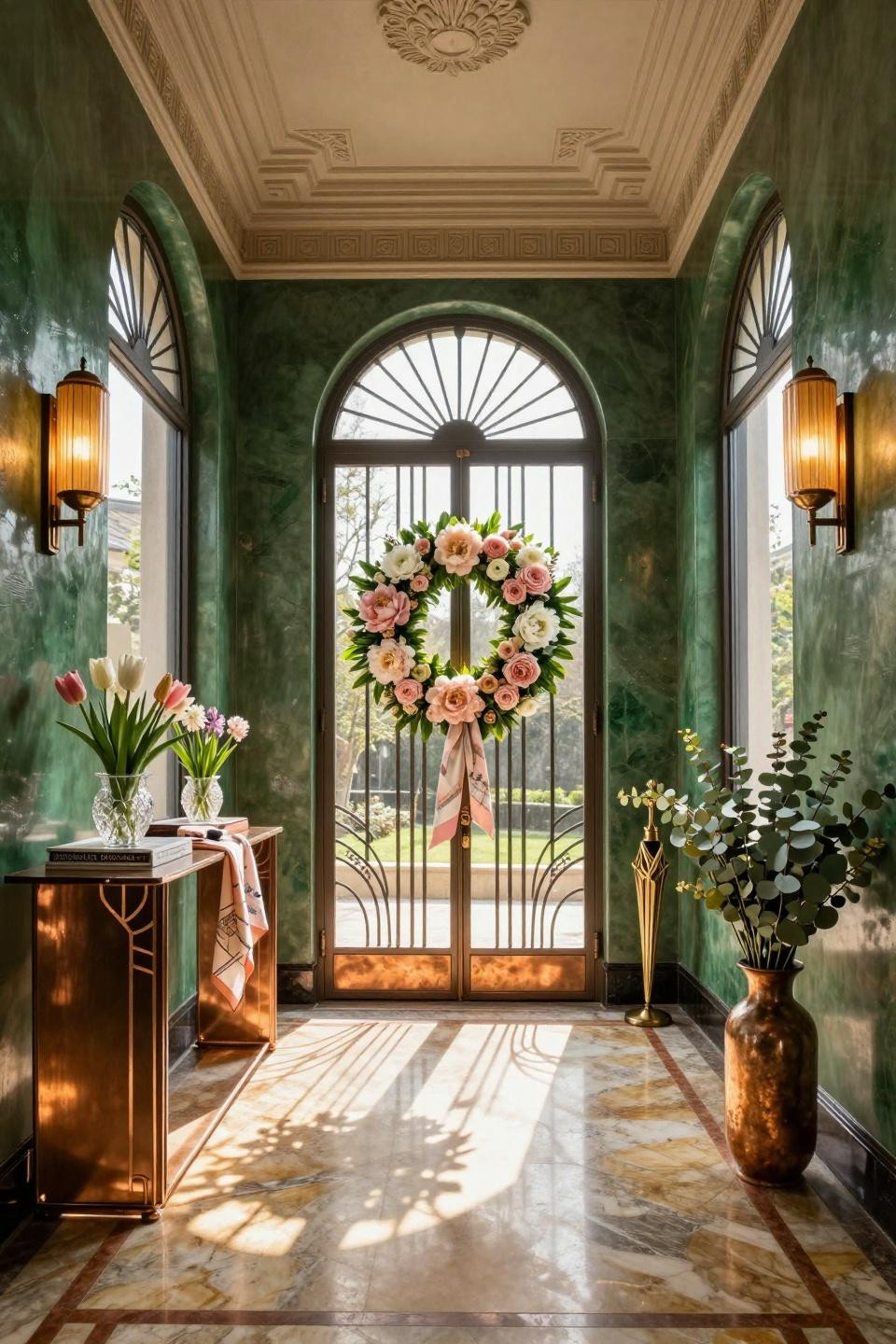 Summer wreath ideas with fresh peonies on Art Deco copper doors
