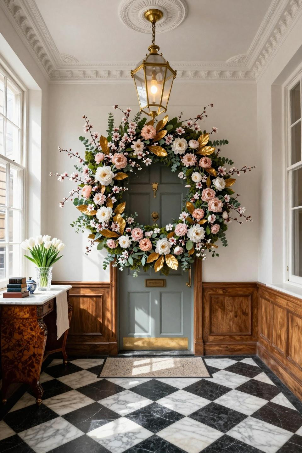Summer wreath ideas with preserved cherry blossoms and gold-leafed magnolia
