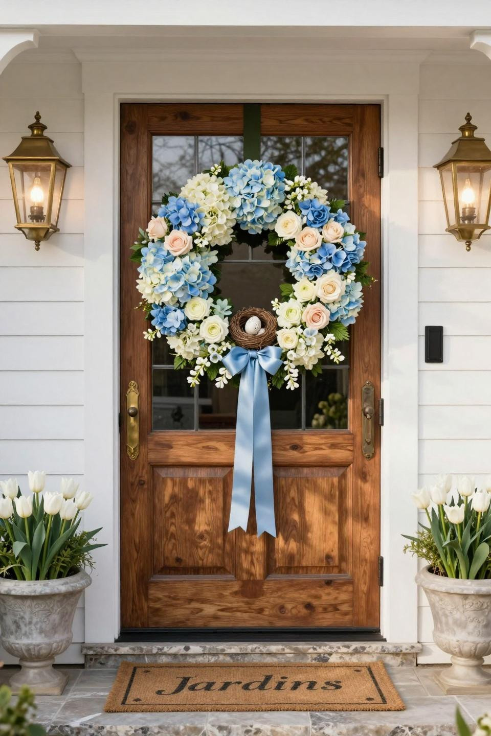 Easter wreath ideas featuring hydrangeas and garden roses