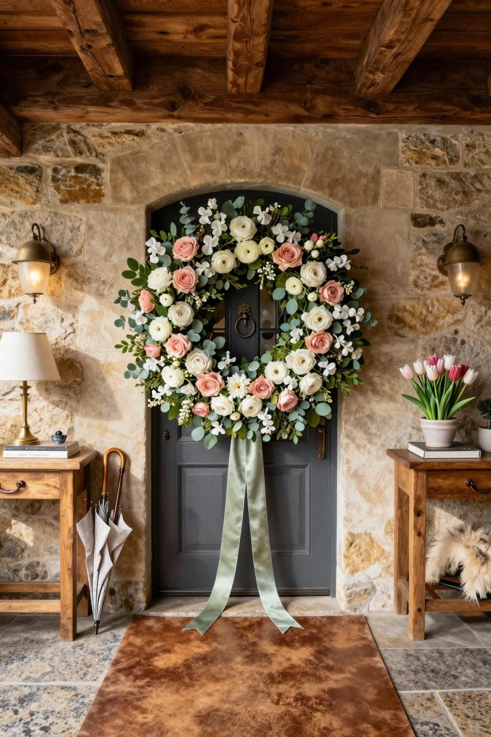Front door wreath ideas featuring garden roses and ranunculus on alpine chalet door