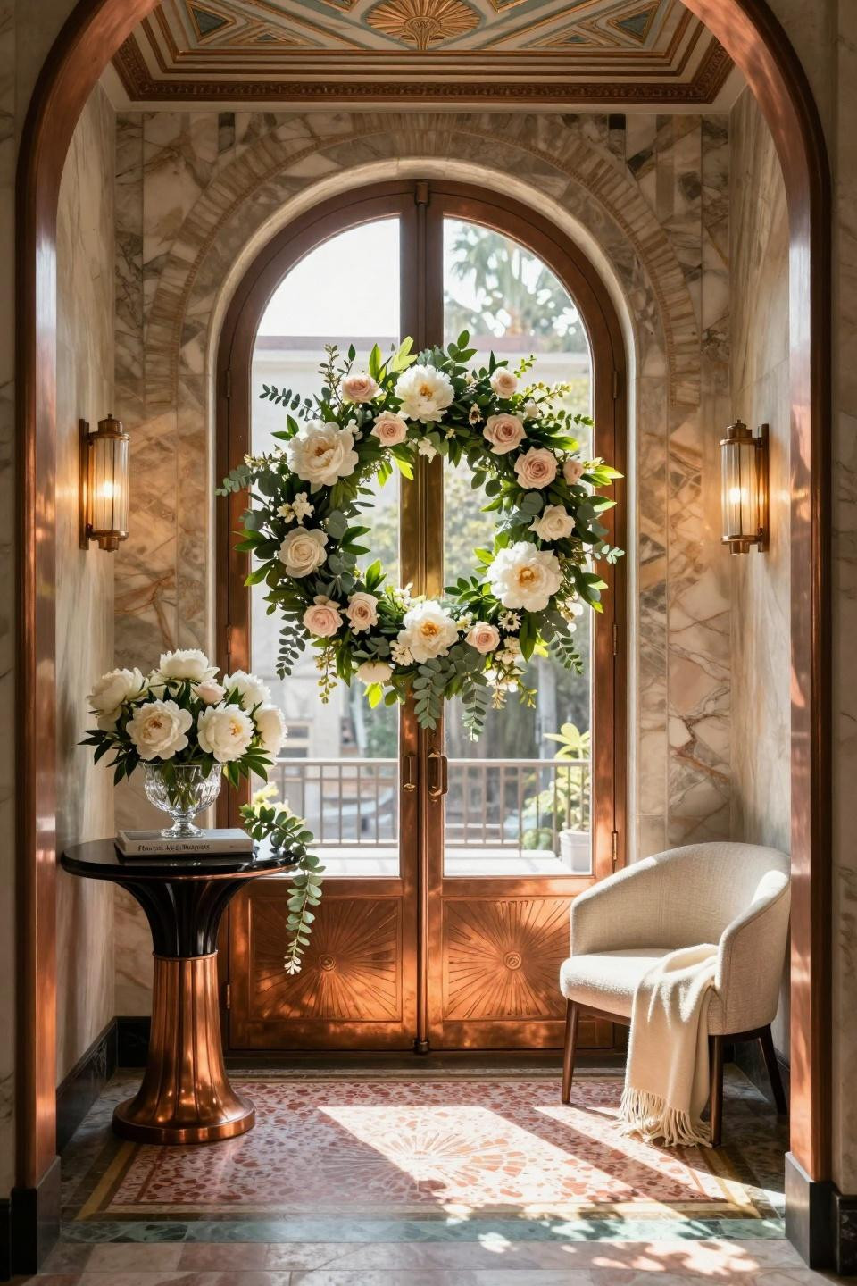 Spring floral wreath on custom aged copper doors in Milan penthouse
