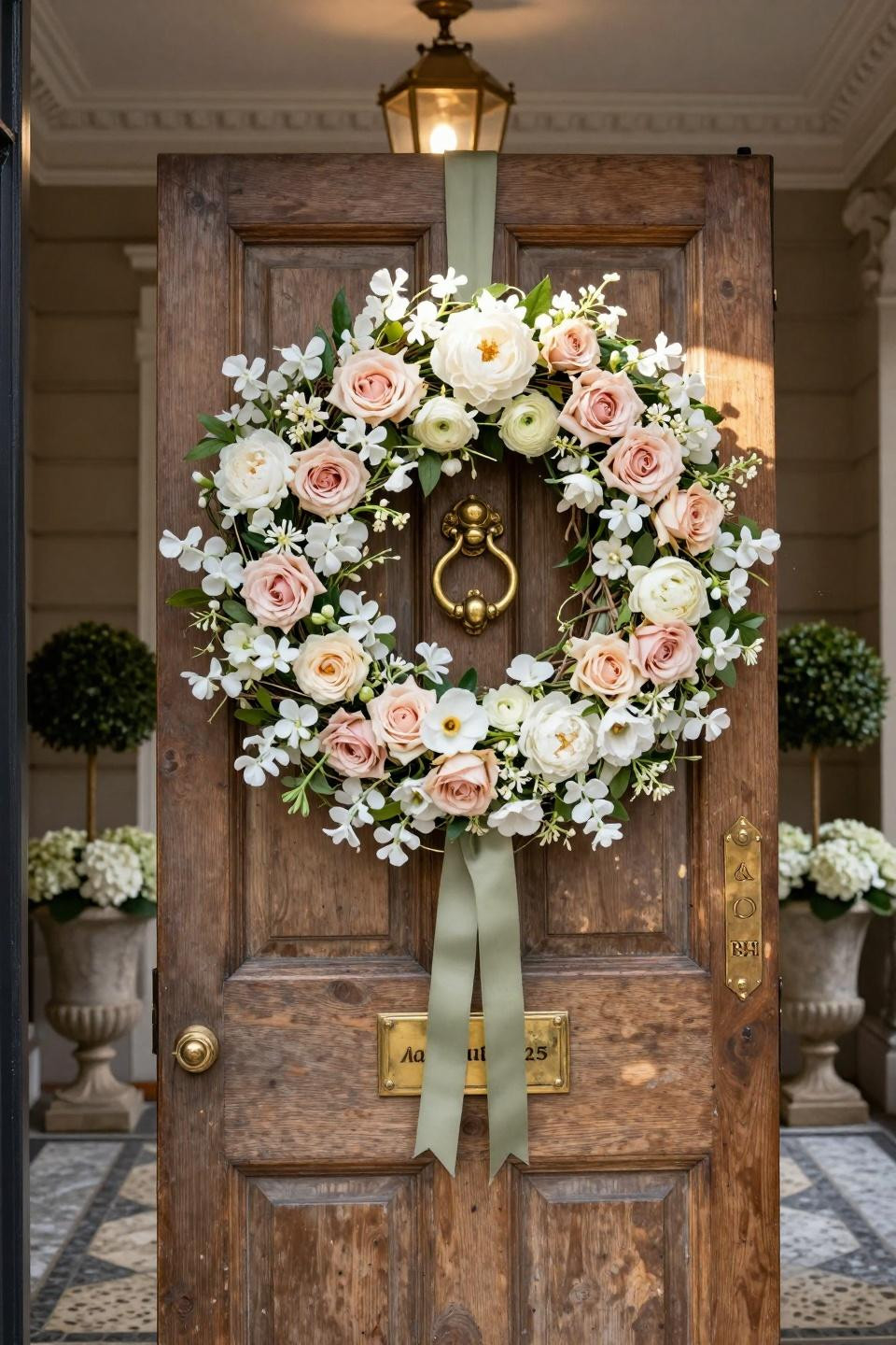 Spring wreath ideas with garden roses on Georgian carved oak door