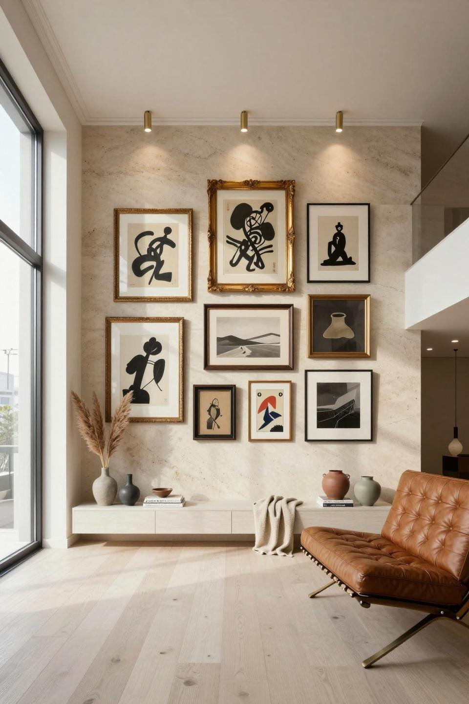 Eclectic living room with vintage gilt frames arranged asymmetrically featuring abstract expressionist prints and Japanese woodblock prints