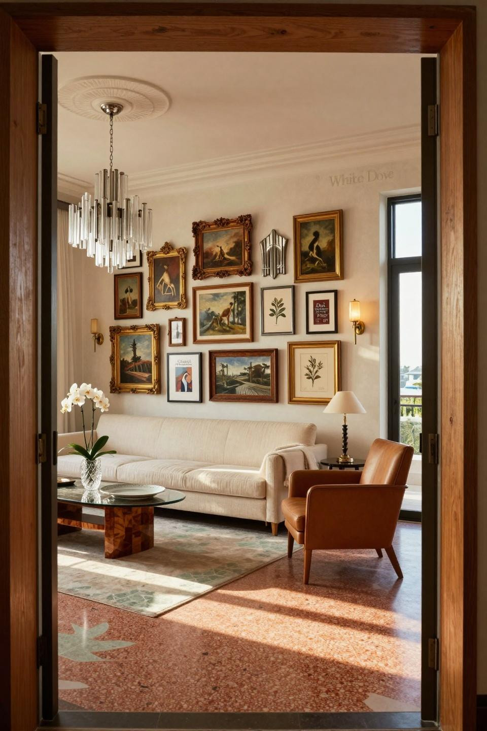 Eclectic living room with twelve-foot gallery wall featuring ornate gilded baroque, sleek brass mid-century, and weathered oak vintage frames