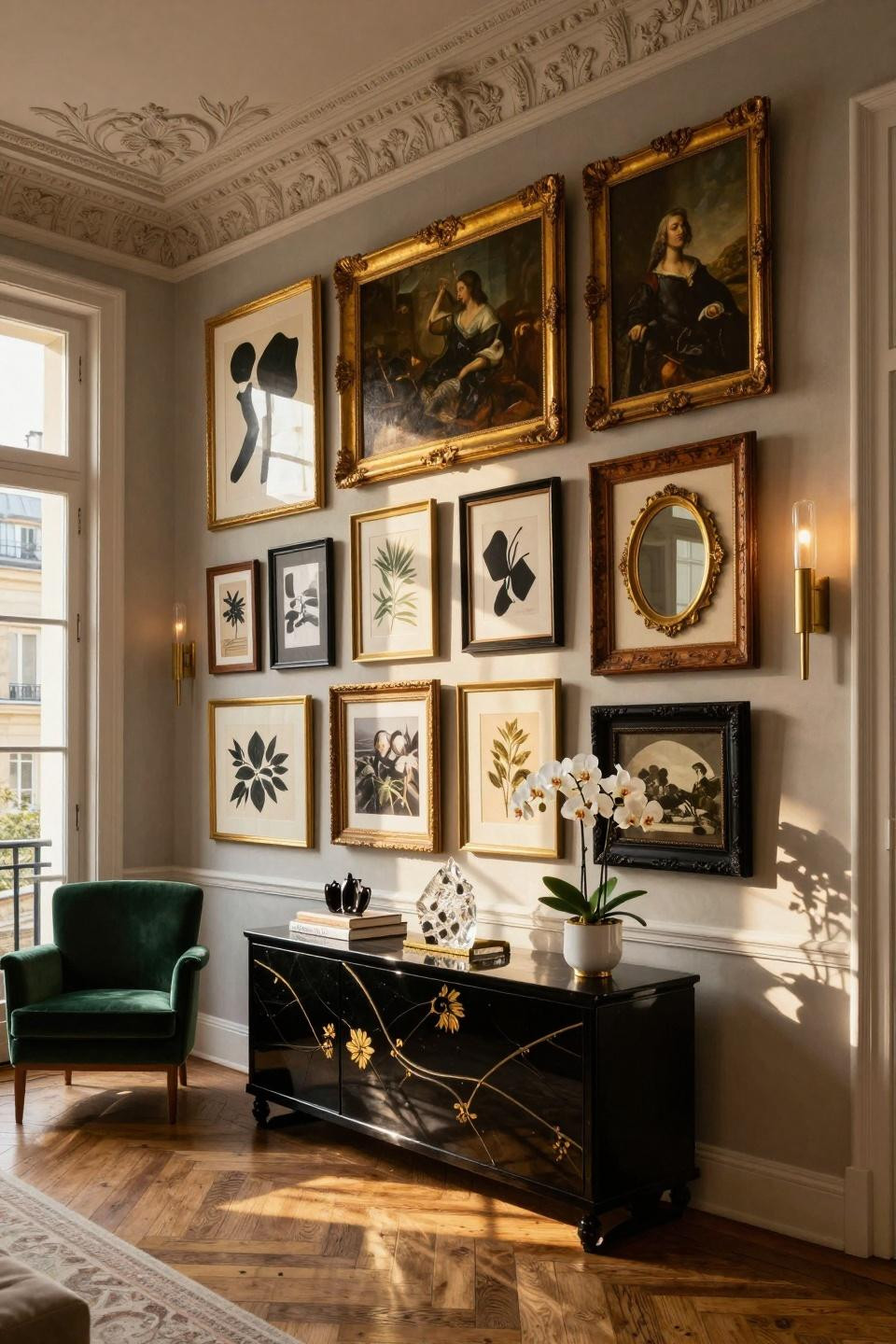Eclectic living room with museum-quality collection spanning 18th-century gilt-framed oil paintings and mid-century abstract lithographs
