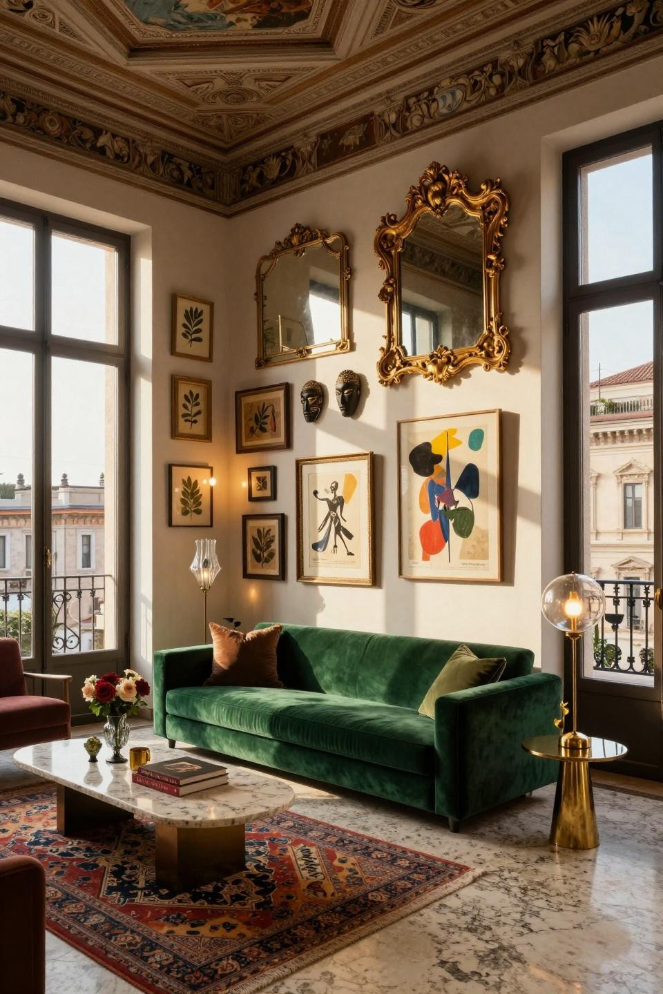 Eclectic living room with oversized gilt Baroque mirrors, 1970s abstract oils, and African tribal masks