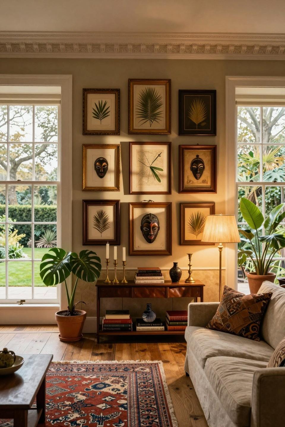 Eclectic living room with vintage gilt frames mixed with raw wood and leather-bound frames spanning global finds