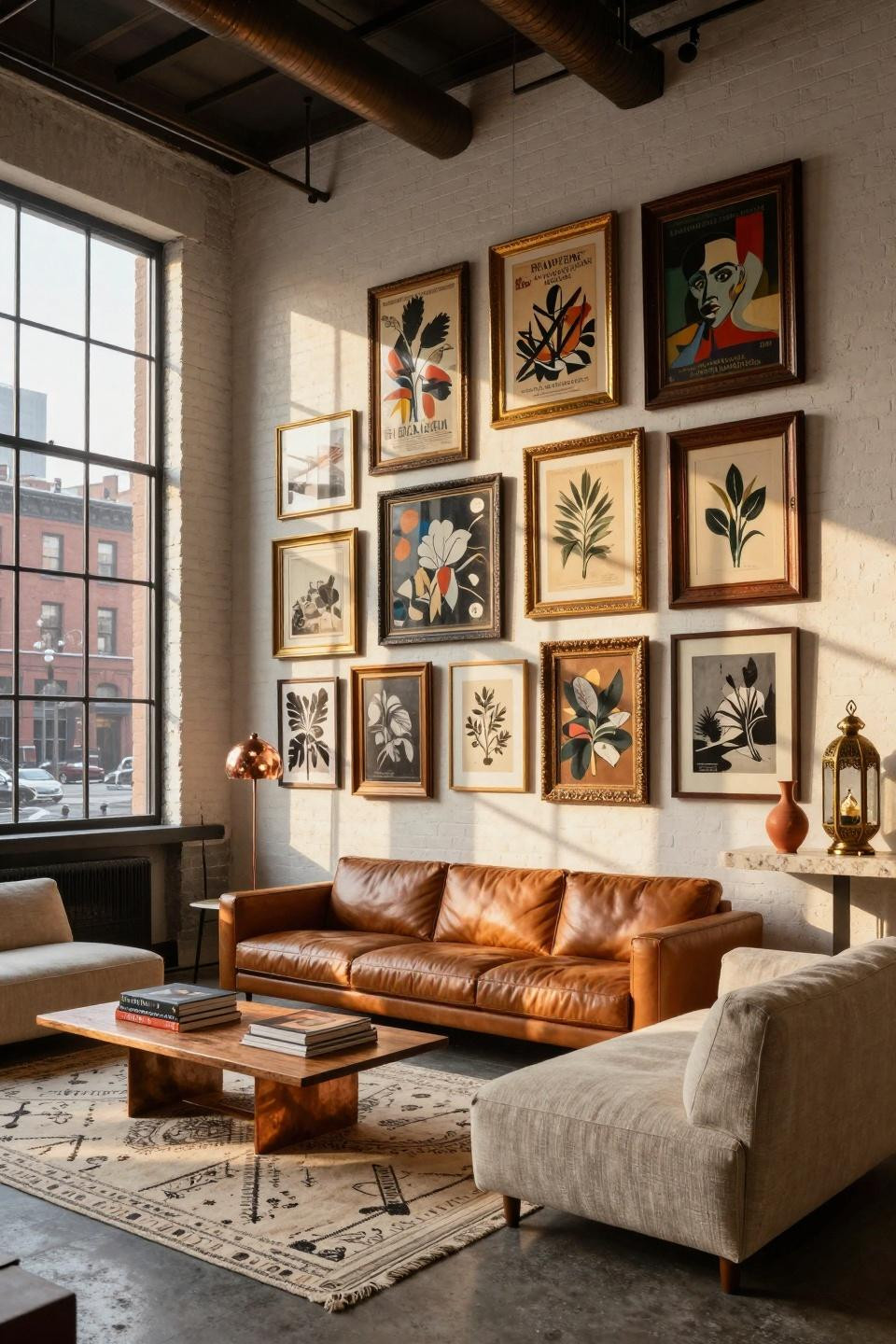 Eclectic living room with forty-plus mismatched vintage frames spanning 1920s Moroccan travel posters and abstract expressionism