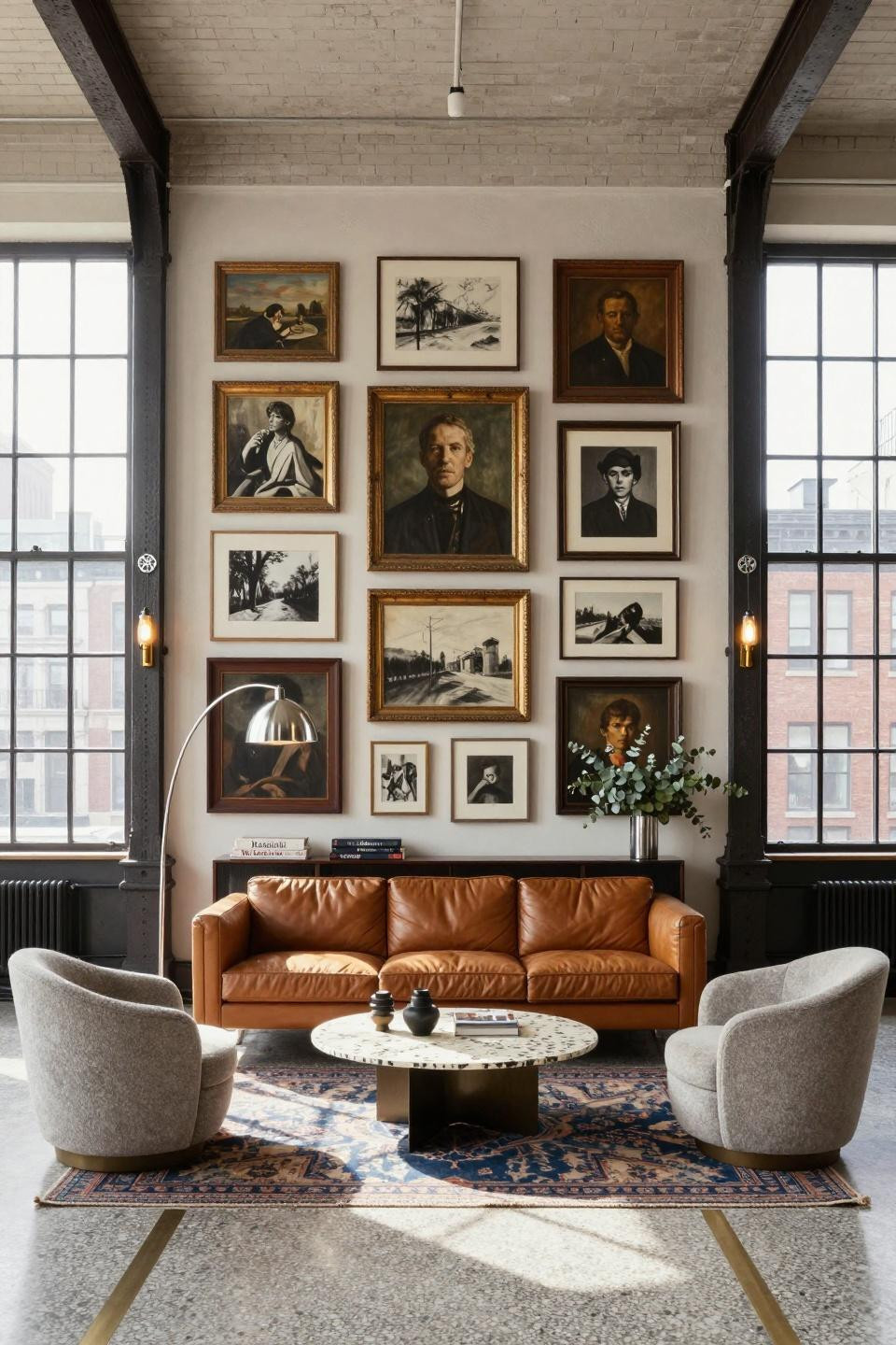 Eclectic living room with sixteen-foot gallery wall featuring mixed media pieces, oil paintings, and vintage photography