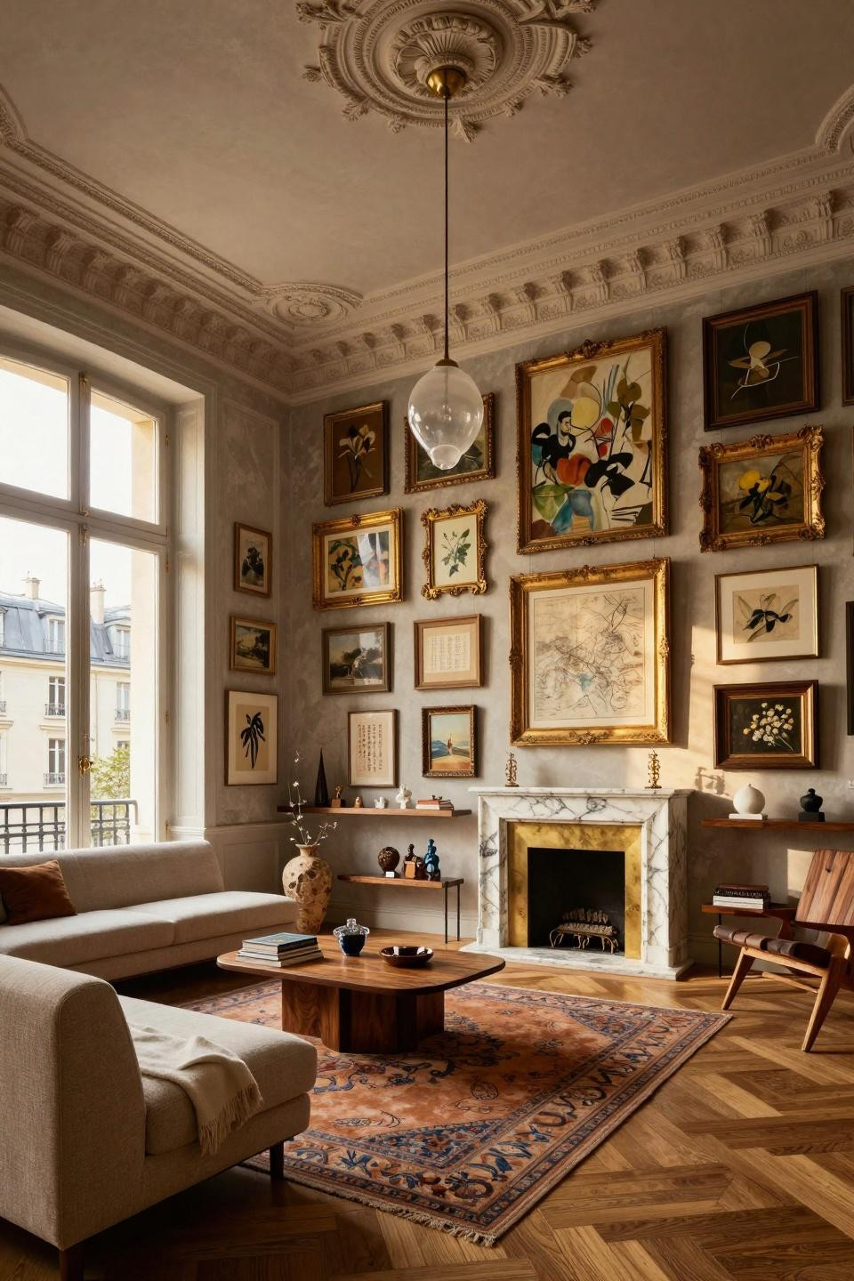 Eclectic living room with museum-quality thrifted gallery wall featuring 18th-century gilded rococo frames and raw barnwood