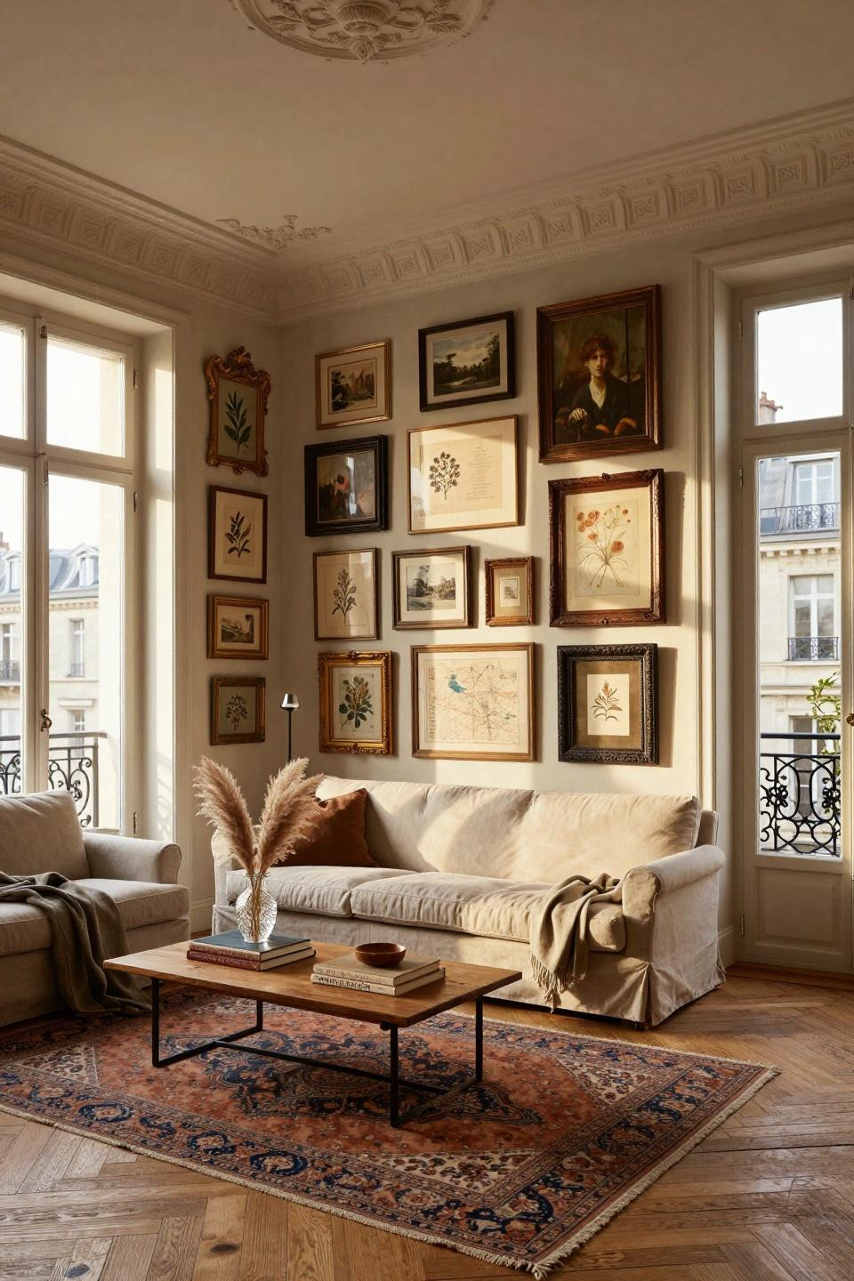 Eclectic living room with thirty-plus vintage frames in mismatched gilded rococo, distressed black iron, and weathered oak