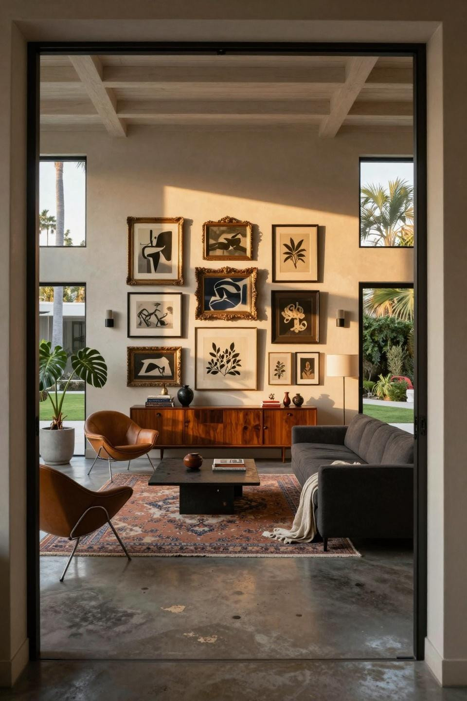 Eclectic living room with museum-quality vintage finds in mismatched gilded baroque, sleek ebony, and weathered brass frames